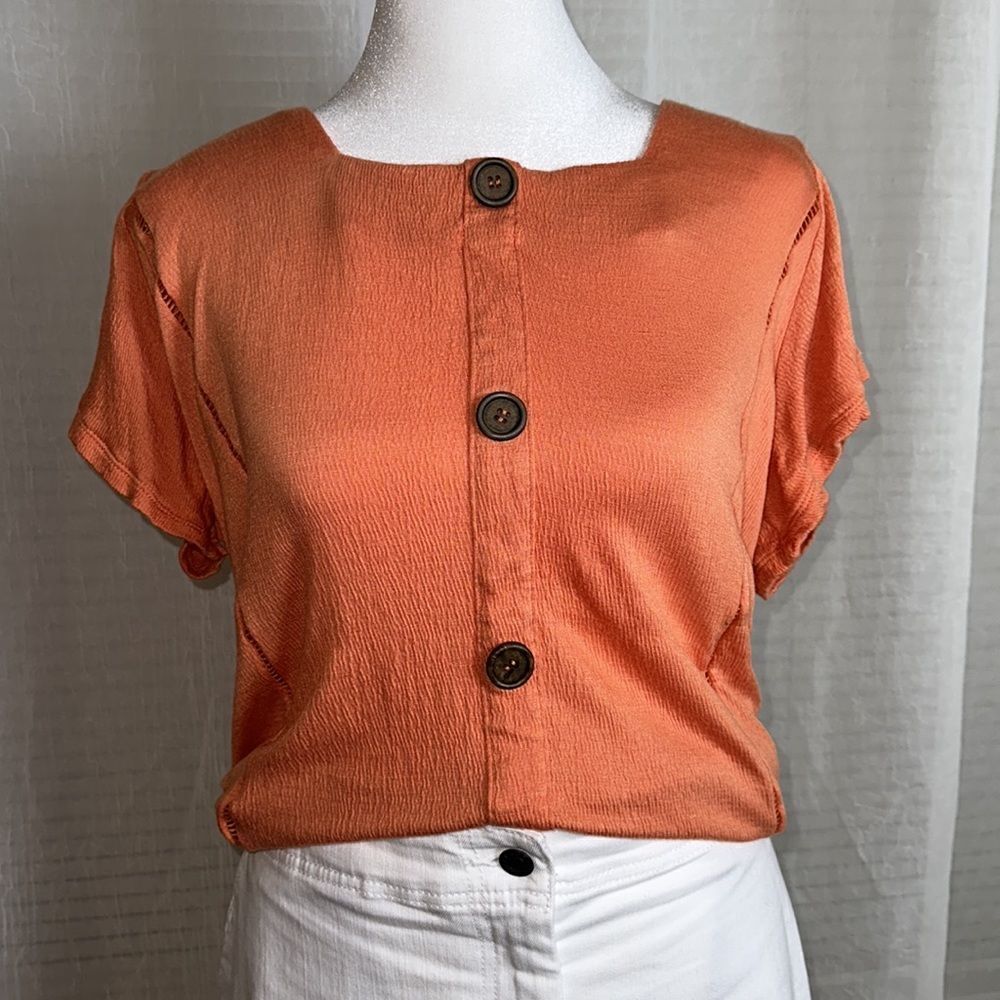 french laundry M Orange Square Neck Faux Button Front Short Sleeve Blouse